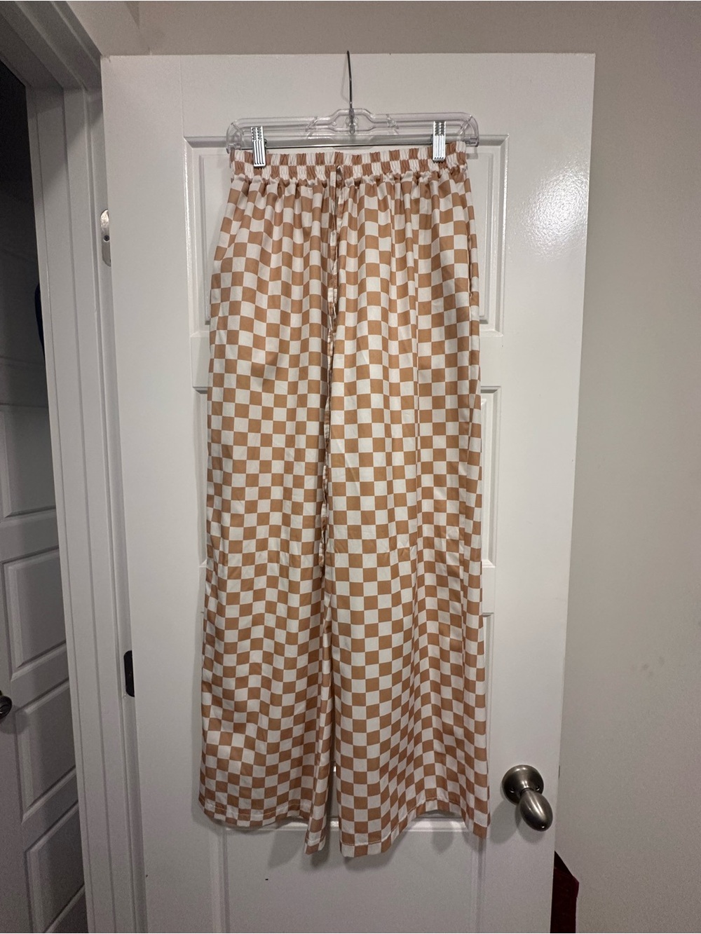 Amazon Checkerboard Wide Leg Trousers - Tan and White